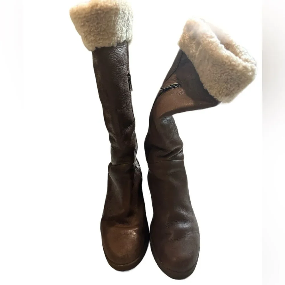 Ugg Felicity Brown Leather boots wedge rubber heel, shearling cuff sz 8 Boho